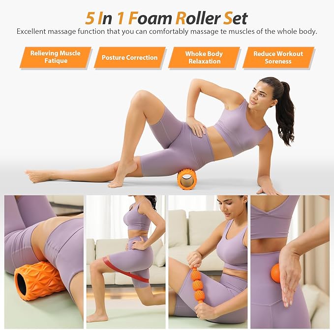 5 in1 Foam Roller Set, Trigger Point Foam Roller, Massage Roller Stick, Massage Ball, Resistance Band for Deep Muscle Massage Pilates Yoga,Fitness Exercise for Whole Body (Pure Orange)-CasaMuseHome