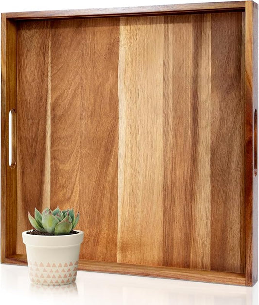 20 Inches Square Acacia Wood Ottoman Tray, Extra Large Wooden Serving Tray with Handles for Living Room, Serving Food Breakfast, Ottoman Coffee Table Couch Sofa Kitchen-CasaMuseHome