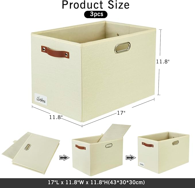 3-Pack Foldable Fabric Storage Bins with Durable PU & Metal Handles , Collapsible Storage Baskets for Shelves, Home Storage, Closet Organizers, Living Room(17"x11.8"x11.8", Beige)-CasaMuseHome