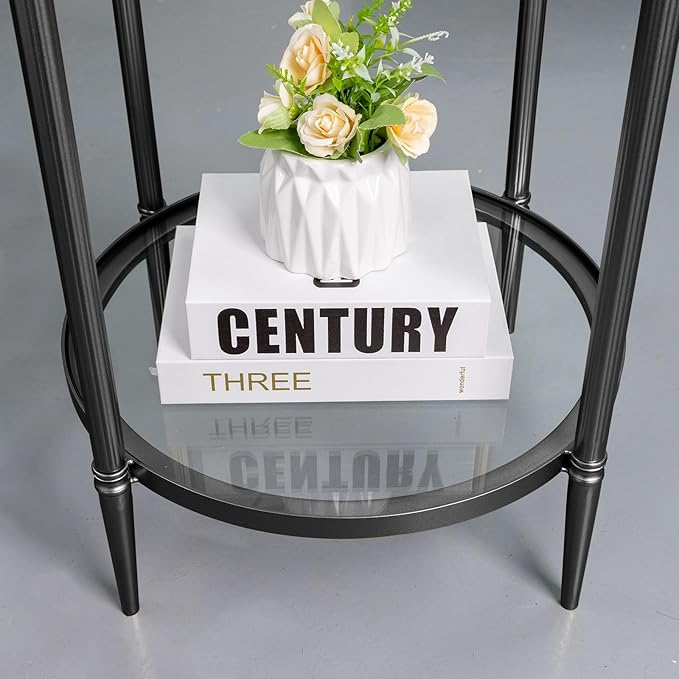 2 Tier Round Side Table, Black End Table with Glass Top, Modern Metal Clear Coffee Table，Small Accent Table for Living Room, Bedroom, 18" x 18" x 24"-CasaMuseHome