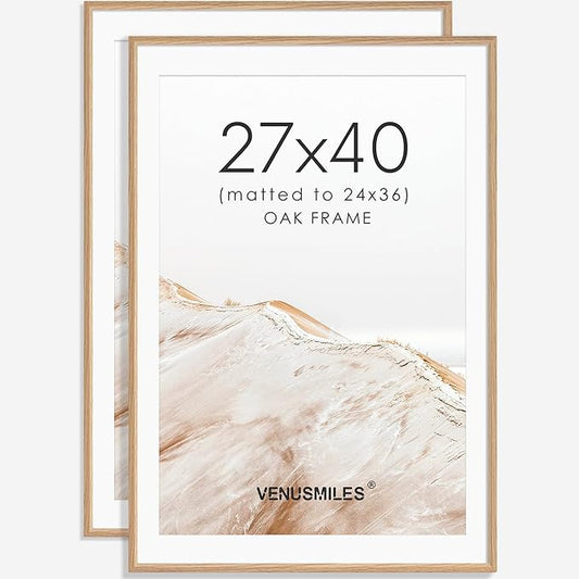 27x40 Poster Frame Set of 2 Natural Solid Oak Photo Frames with 24x36 Removable Mat Wall Hanging Large Handcrafted Frame with HD Plexiglass Wall and Tabletop Display Large Picture Frame-CasaMuseHome