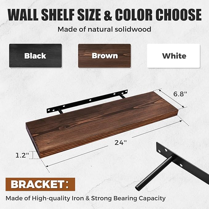 24"x6.8"x1.2" Solid Wood Floating Shelves 2-Pack - Rustic Brown Finish with Hidden Brackets, Perfect for Storage and Décor in Living Room, Kitchen, Bedroom-CasaMuseHome