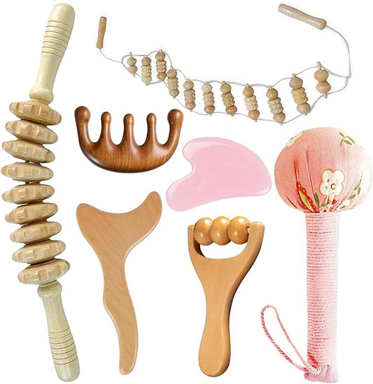 7-in-1 Lymphatic Drainage Massager Set，Wood Therapy & Cellulite Massager Tools for Gua Sha, Full Body Meridian Detox (Face/Head/Waist/Legs)，Maderotherapie Outils for Body Sculpting, lymphatic roller-CasaMuseHome