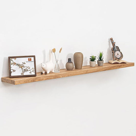 55 Inch Floating Shelves for Wall, Elm Wood Floating Shelves for Home Décor, Wall-Mounted Display Shelves with Heavy-Duty Bracket, Live Edge Long Floating Shelf for Kitchen, Living Room, Natural-CasaMuseHome