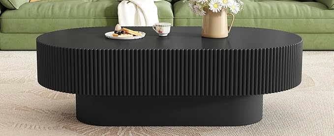 43.3" Oval Fluted Coffee Table Modern Elegant Drum End Table, Minimalist Center Table 7.8" Thick Tabletop with Sturdy Base for Living Room, Bedroom, Apartment,Easy Assembly, Black-CasaMuseHome