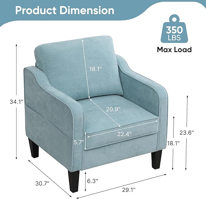 Accent Chair for Living Room, Mid Century Modern Reading Chair for Bedroom, Upholstered Armchair with Side Pockets, Comfy Single Sofa Side Chair for Office, Apartment, Small Room, Teal Green-CasaMuseHome