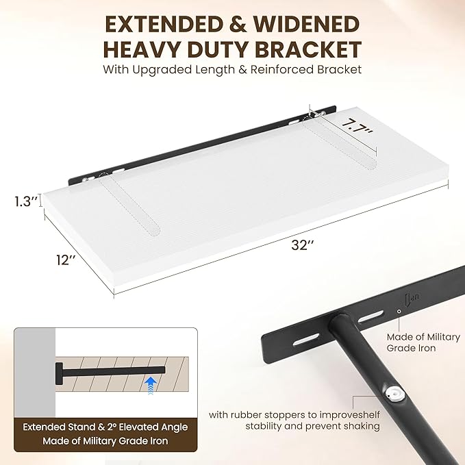 32" Floating Shelves for Wall, 12" Deep Slim White Floating Shelves, Wall-Mounted Shelves for Bedroom, Living Room, Kitchen, Bathroom - Set of 2-CasaMuseHome