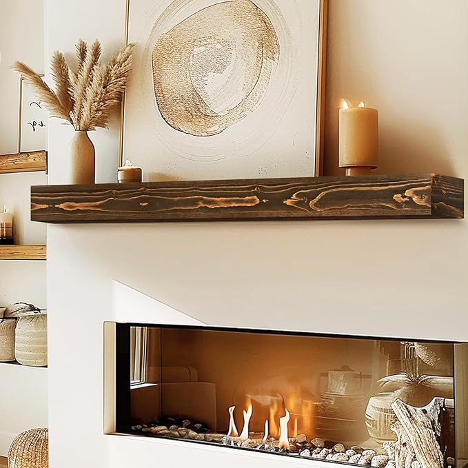 56x8x3 Fireplace Mantel - Handcrafted Hollow Rustic Solid Wood Wall Mounted Floating Shelf with Invisible Heavy Duty Wood Bracket (Weathered Brown)-CasaMuseHome