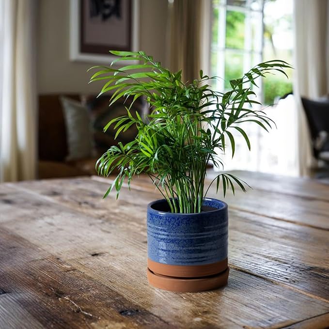 6 Inch Plant Pots, Ceramic Planter Pot with Drainage Hole & Saucer, Indoor/Outdoor Cylinder Round Planter Pot, Aqua Blue & Terracotta Red-CasaMuseHome