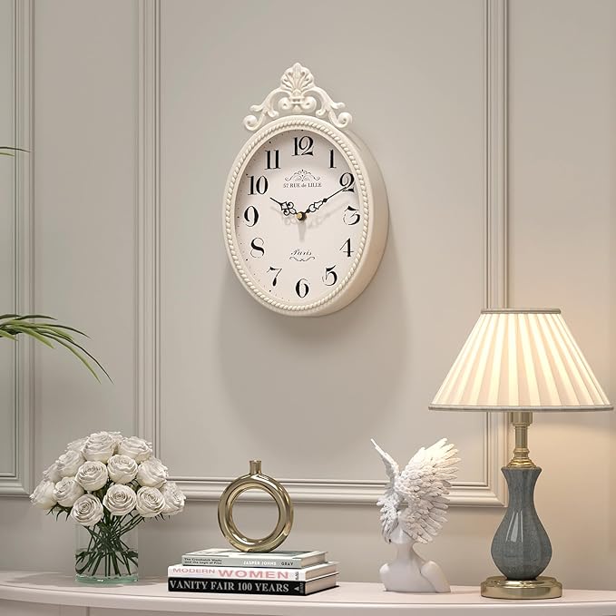 Abdurey Small French Retro Decorative Wall Clock, Ivory White Vintage Oval Style,Silent Battery Operated Boho Decor Wall Clocks for Farmhouse,Kitchen,Bedroom,Bathroom(10.4" H x 6.7" W)-CasaMuseHome