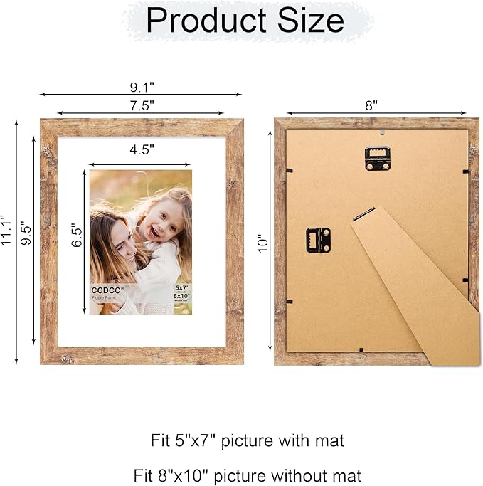 8x10 Picture Frame Set of 4, 8 x 10 Wood Photo Frames with Mat for 5x7, Natural Wooden Frame with Real Glass Cover for Wall and Tabletop Display,Brown-CasaMuseHome
