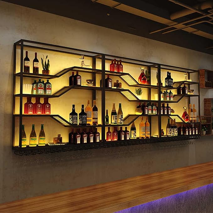 94.4in Wall Mounted Wine Rack with LED Light, 5-Tiers Liquor Bottles Display Shelf with Glasses Holder, Metal Home Bar Shelves with Industrial Iron Frame for Kitchen (Black, 94.4in/7.87ft)-CasaMuseHome