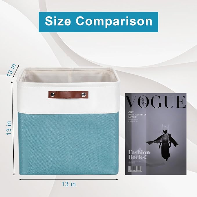 13x13 Cube Storage Bins, Collapsible Fabric Storage Box, 4 Pack Closet Baskets with Handles for Organizing, Shelf, Toys, Clothes, Home, Office, Nursery (Teal&White)-CasaMuseHome