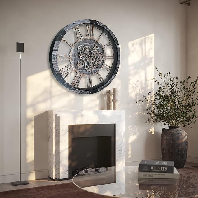 30 Inch Industrial Steampunk Wall Clock, Gray, Battery Operated, Real Rotating Gears, Solid Wood Frame, Oversized Wall Clock for Living Room Decor-CasaMuseHome