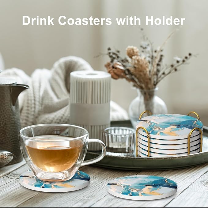 6 Pcs Light Blue Marble Abstract Ceramic Coasters with Holder Best Round Drink Absorbent Coasters for Desk, Lounge, Coffee, Wine, Beverage, Dining Table Decor, Bar Coaster Set-CasaMuseHome