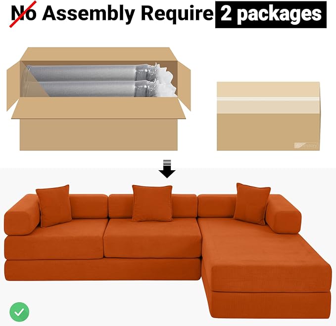 108" Oversized Convertible Sleeper Sofa Bed, Corduroy L Shape Sectional Couch, Folding Sofa Bed with Side Pocket, Modern Cloud Floor Mattress Couch, Modular Sofa for Living Room, Orange-CasaMuseHome