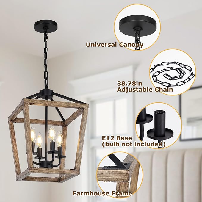 4 Light Farmhouse Chandelier, Rustic Ceiling Light Lantern Light Fixture with Wood Painted Metal Cage and Adjustable Chain, E12 Base Geometric Hanging Light Fixture for Entryway, Kitchen, Indoor-CasaMuseHome