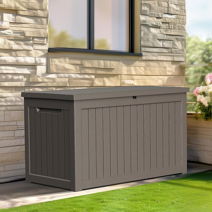 230 Gallon Resin Deck Box, Lockable Patio Outdoor Storage Box for Furniture, Garden Tools and Tools Storage, Waterproof Outside Storage Boxes - Grey-CasaMuseHome