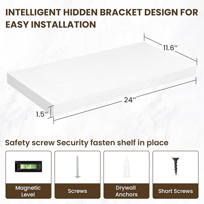 24 Inch Floating Shelves, 12 Inch Deep Floating Shelves for Wall, Floating Shelf with Invisible Brackets, Deep Shelves for Bathroom, Bedroom, Living Room, 2 Pack, White-CasaMuseHome