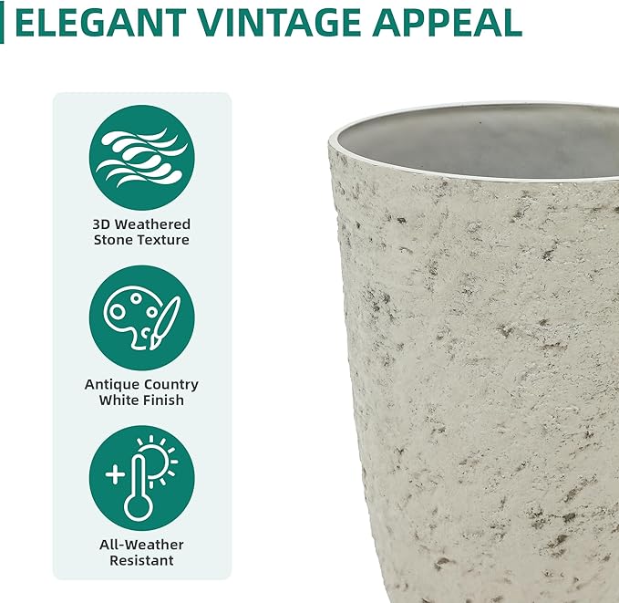 19.5" Resin Tall Planters for Outdoor Plants, Set of 2 Country White Large Flower Pots with Handmade Birch Bark Texture, Heavy-Duty and Weather-Resistant for Year Round Indoor Outdoor use-CasaMuseHome