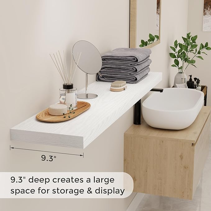 48 Inch Floating Shelves White, Rustic Wood Floating Shelf Wall Mounted, 9 Inch Deep Floating Shelf for Kitchen, Bedroom, 48 x 9 Wall Shelves for Home Storage, Set of 1-CasaMuseHome