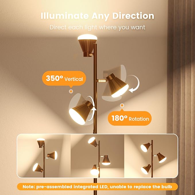 36W LED Tree Floor Lamp, Dimmable Tall Standing Lamp with Remote & Touch Control, 4 Color Temperatures Bright Floor Lamp, 3 Rotatable Light Modern Floor Lamps (Brown)-CasaMuseHome