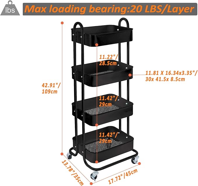 4-Tier Metal Mesh Utility Rolling Cart Storage Organizer Shelf Rack with Lockable Wheels for Living Room Kitchen Office, Black-CasaMuseHome