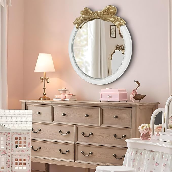 26x26 inch Bow Antique Mirrors for Wall, Round White and Gold Decorative Wall Mounted Mirror, Circle Antique Mirrors Suitable for Bedroom, Hallway, Living Room Decoration, Bathroom Sink-CasaMuseHome