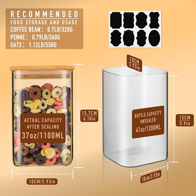 41oz Airtight Glass Square Storage Canister with Bamboo Lid Set of 4 (1200ml) Container Stackable Jar, Kitchen Canister for Pantry Noodles, Flour and Coffee beans (‎with Black Lable)-CasaMuseHome