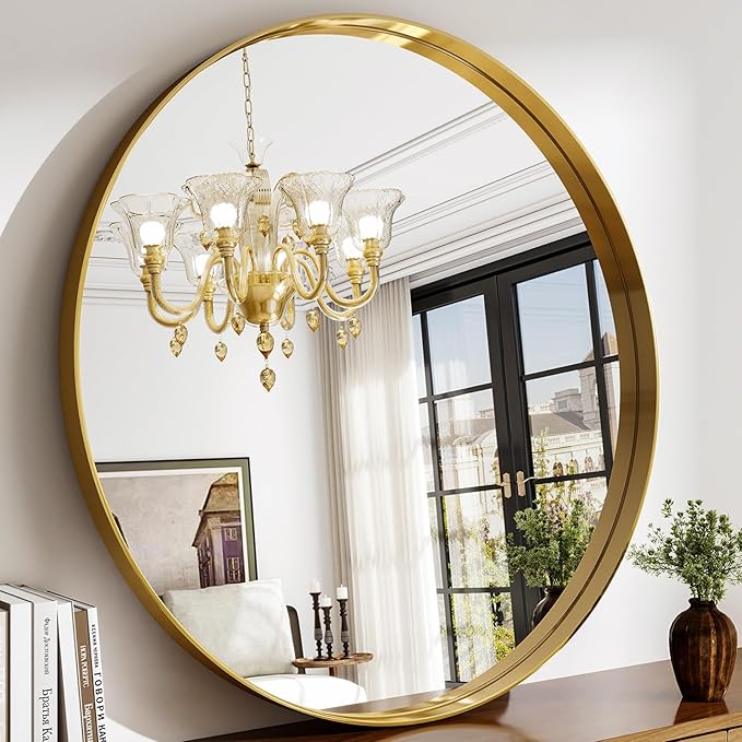 36 Inch Round Bathroom Mirror - Wall Mounted Circle Mirror with Metal Frame, Modern Mirror Suitable for Bathroom, Vanity, Entryway, Living Room, Wall Decor,Gold-CasaMuseHome
