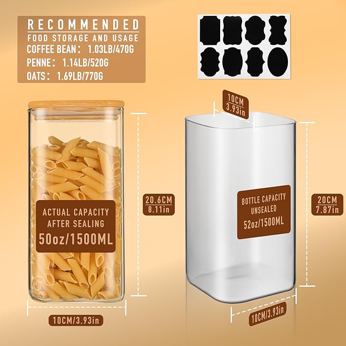 52oz Airtight Glass Square Storage Canister with Bamboo Lid Set of 3 (1550ml) Container Stackable Spice Jar, Kitchen Canister for Flour, Cookies, Cereal and Coffee beans (‎with Black Lable)-CasaMuseHome
