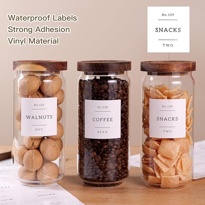 3 Set Glass Pantry Storage Jars with Acacia Airtight Lid - 35oz Thicken Glass Kitchen Canisters with 132 Pantry Labels - Clear Food Storage Containers with Wood Lid for Tea,Sugar,Cookie,Pasta-CasaMuseHome