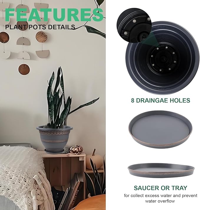 6 Pack 8 Inch Plant Pots, Plastic Flower Pot for Indoor & Outdoor with Drainage Holes & Saucer, Plaid Pattern Planters Garden Pots for Herbs-CasaMuseHome