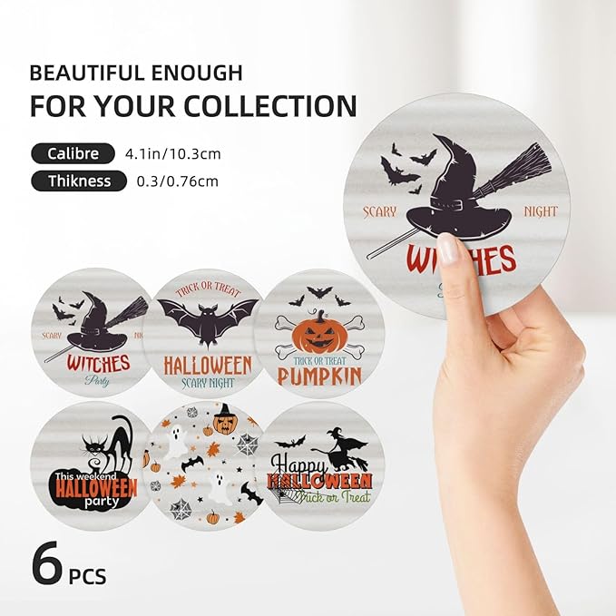 6 PCS Halloween Coasters with Metal Holder and Cork Base Ceramic Drink Coasters Absorbent Cup Mat Non-Slip for Home Kitchen Office Table Decor, 4 Inch Halloween 1-CasaMuseHome