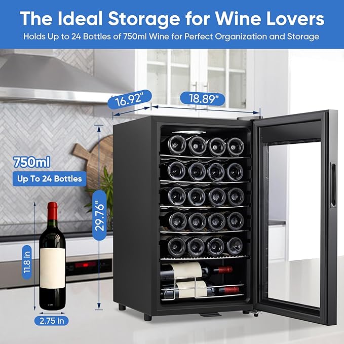 24 Bottle Compressor Wine Cooler Refrigerator with Lock, Freestanding Wine Fridge, 41°F-64°F Digital Temperature Control, Large Wine Cellar for Red, White, Champagne, and Sparkling Wine – Black-CasaMuseHome
