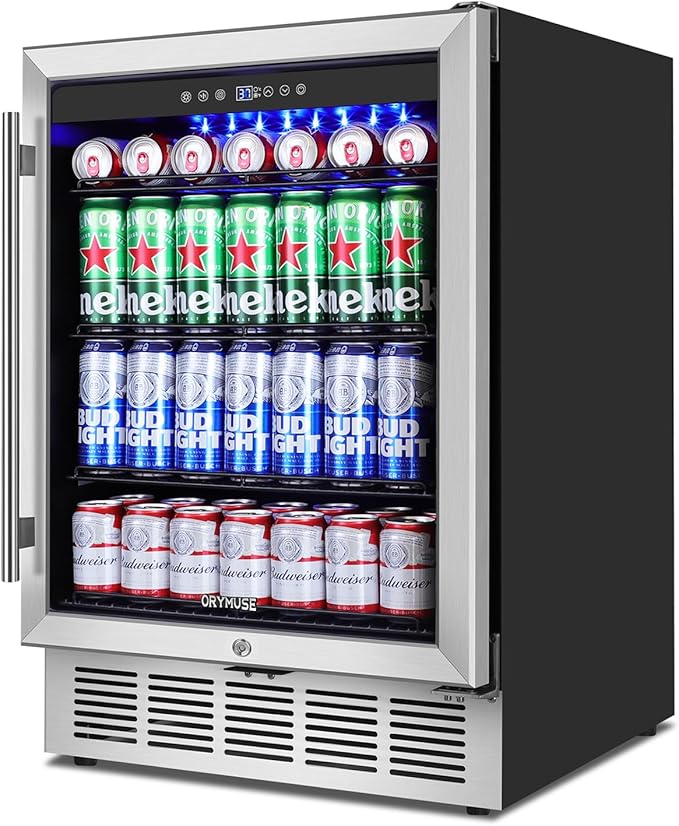 24" Beverage Refrigerator & Cooler, 180 Cans Under Counter Fridge with Lock, Glass Door & Powerful Cooling Compressor - Quiet, Built-in/Freestanding Drink Fridge-CasaMuseHome