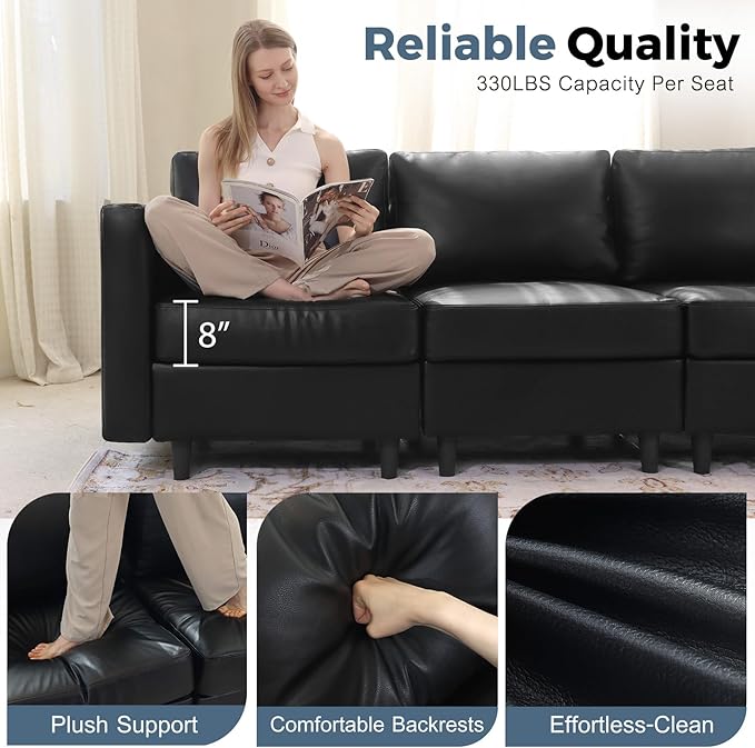 118.5" Faux Leather Modular Sectional Sofa, L Shaped Couch Set for Living Room, 5-Seater Comfy Cloud Couches with Movable Storage Ottoman,DIY Combination - Black-CasaMuseHome