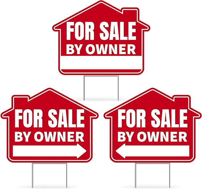 3PC For Sale By Owner Sign with Stakes, 17 Inches by 13 Inches - Double Sided Signs - Corrugated Plastic - FSBO Yard Sign for Home House Real Estate-CasaMuseHome