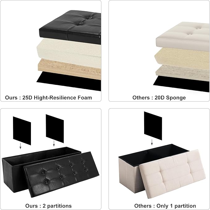 43 Inches Folding Storage Ottoman Bench, PU Leather Storage Chest, Footrest Padded Seat for Bedroom and Hallway, Holds up to 660 lbs, Black-CasaMuseHome