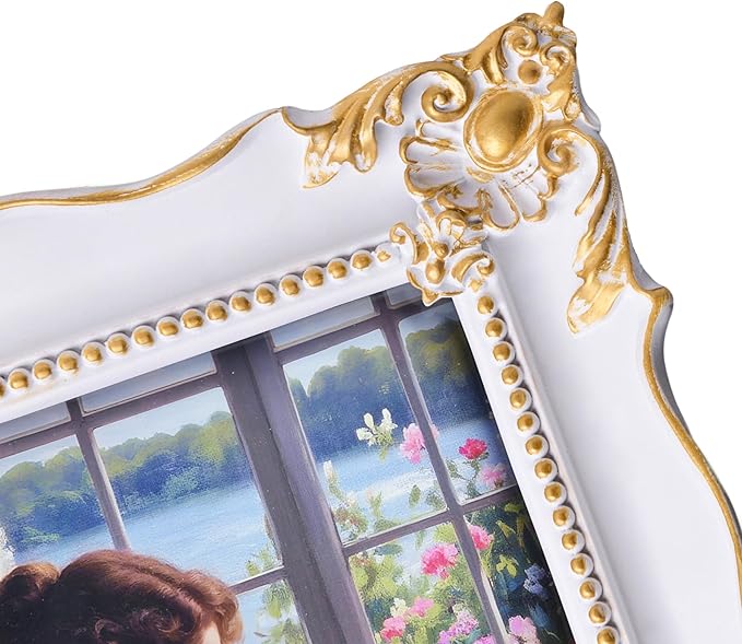 8x10 Vintage Picture Frame with Embossed Flower Design, White Ornate Frame for 8x10 or 5x7 Pictures with White Mat, Hand-Crafted Resin Antique Frames for Tabletop & Wall Hanging, Home Decor (White)-CasaMuseHome