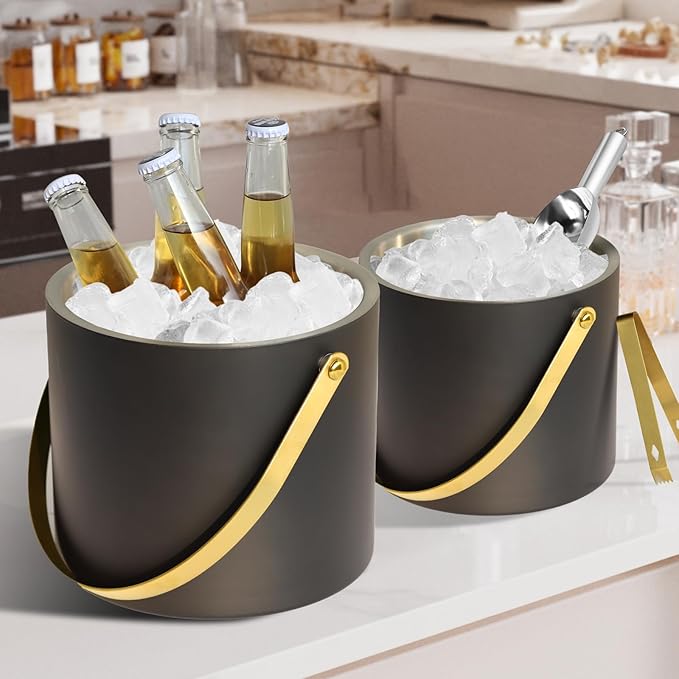 2L Ice Bucket with Silicone Lid, Scoop, Gold Tongs & Strainer, Stainless Steel Double Wall Insulated Ice Buckets for Parties & Cocktail Bar Outdoor Champagne Ice Container Bin, Black-CasaMuseHome