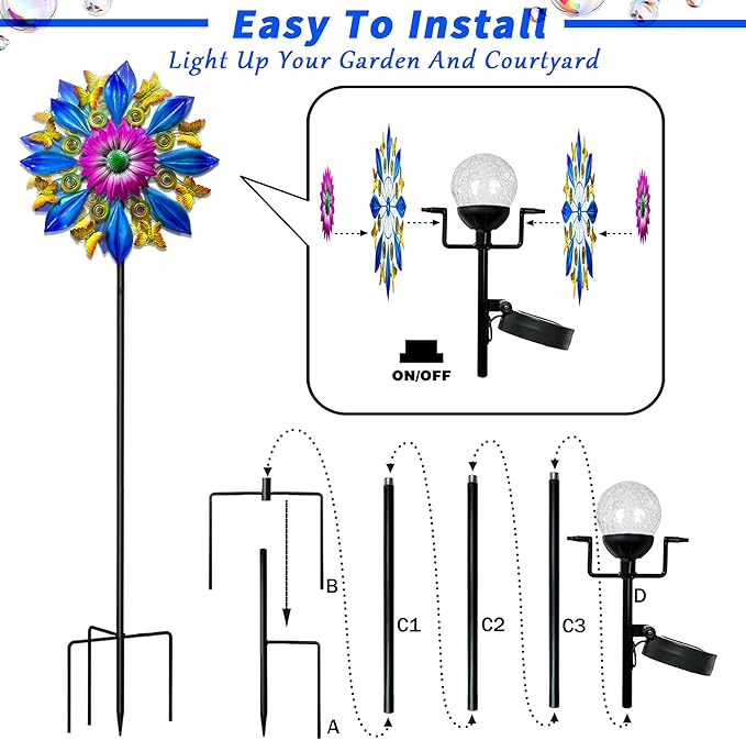 60 Inch Solar Wind Spinner Outdoor - Double-Sided Rotating Colorful Kinetic Wind Spinners for Garden, Yard Decorations Outdoor,Metal Wind Sculptures & Spinners, Wind Art-CasaMuseHome