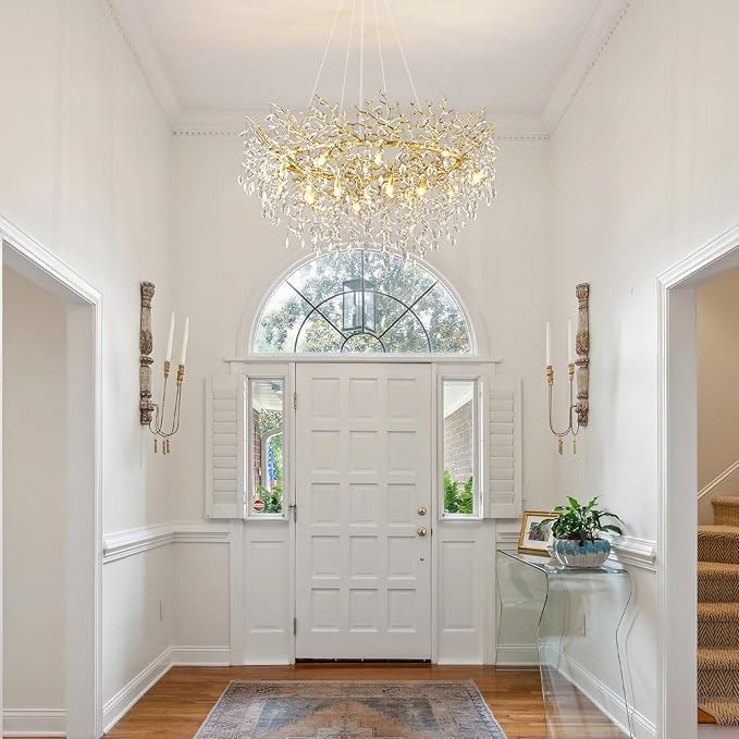 14-Light Modern Large Crystal Chandelier for Dining Room, 48" Round Gold Crystal Tree Branche Chandelier, Living Room Crystal Chandelier, Crystal Chandeliers for High Ceiling,Entryway,Foyer-CasaMuseHome