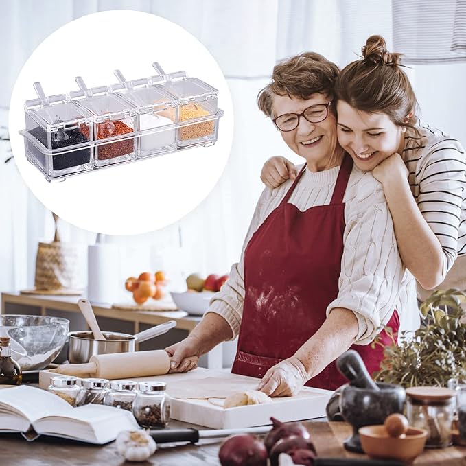 4 PCS Seasoning Box, Clear Spice Containers with Spoon, Acrylic Toppings Containers with Lids, Kitchen Multi Spice Box for Salt, Sugar, Pepper, Garlic Powder-CasaMuseHome