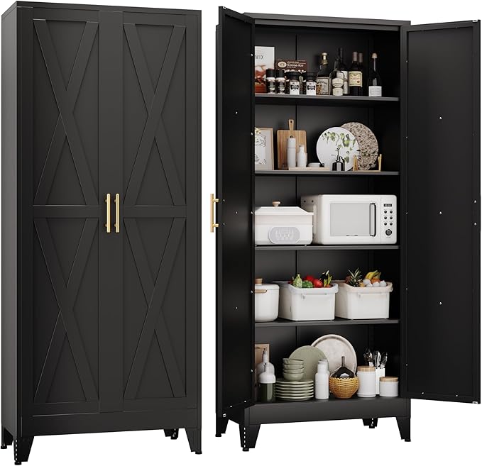 71" H Metal Kitchen Pantry Storage Cabinet, Freestanding Cupboard with 2 Doors and 4 Adjustable Shelves, Standing Storage for Kitchen, Bathroom, Garage, Dinning Room or Utility Room（Black）-CasaMuseHome