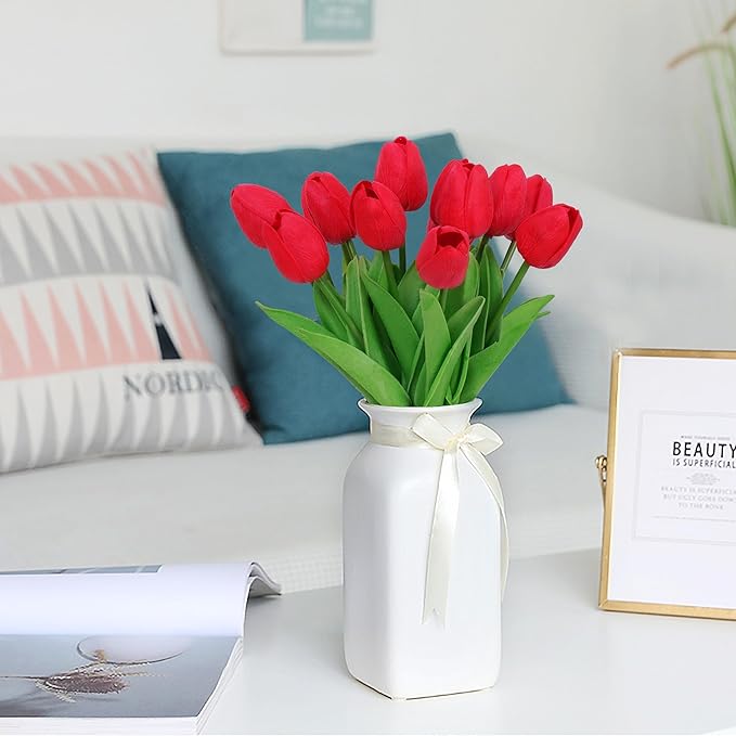 20pcs Red Artificial Tulip Fake Flower 12.9 Inch Spring Mother's Day Easter Gift for Home Kitchen Wedding Decoration-CasaMuseHome