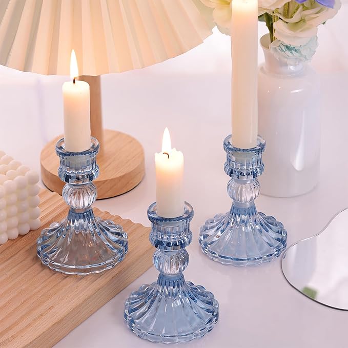 12PCS Blue Candlestick Holders Set- 4" H Taper Candle Holders, Glass Candle Holders Bulk for Wedding, Party, Home Table Centerpieces, Festival Gifts & Windowsill Decor-CasaMuseHome
