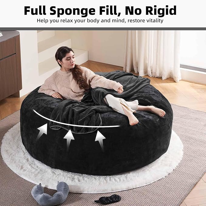 6FT,Oversized Bean Bag Chairs for Adults,Giant beanbag with Filler Included，Fluffy Memory Foam,Soft and Comfy Corduroy Fabric,Gaming Chairs Suitable for Living Room and Bedroom (Black, 6 Foot)-CasaMuseHome