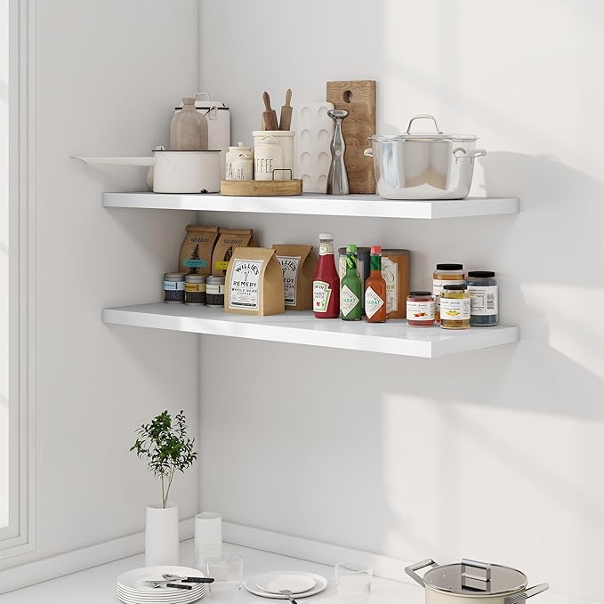 40" Floating Shelves for Wall, 12" Deep Slim White Floating Shelves, Wall-Mounted Shelves for Bedroom, Living Room, Kitchen, Bathroom - Set of 2-CasaMuseHome