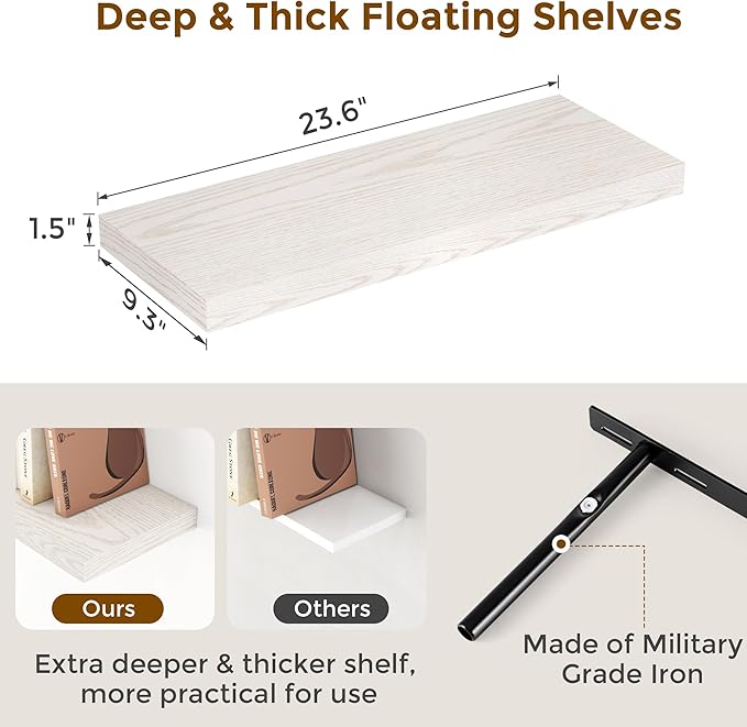 24 x 9 Floating Shelves, 9 Inch Deep Floating Shelf Wall Mounted, 24 Inch Bathroom Shelves Set of 2, Rustic Wood Wall Shelf for Bedroom, Living Room, Brich Color-CasaMuseHome